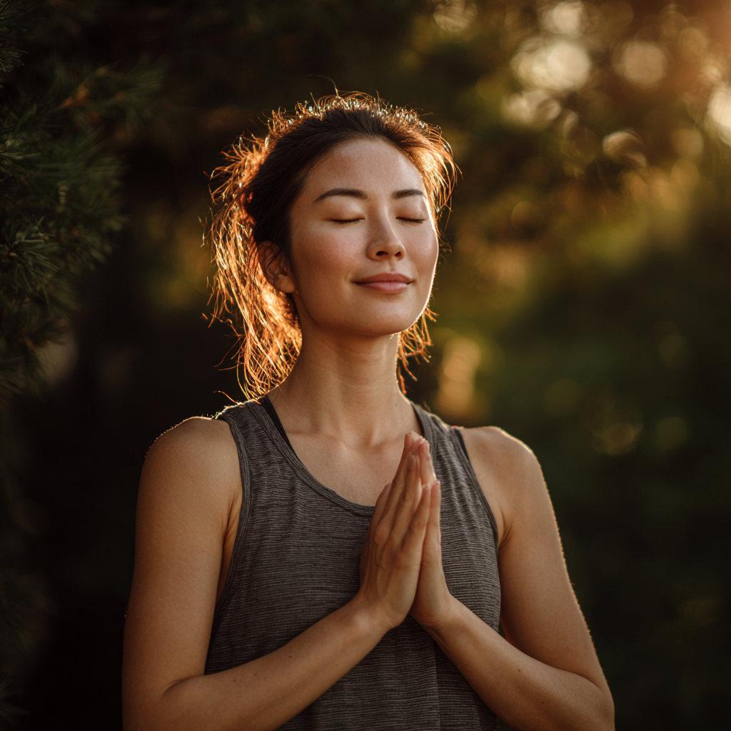 Smiling middle-aged Kazakh woman in comfortable yoga clothes sitting in lotus position outdoors with mountains in background