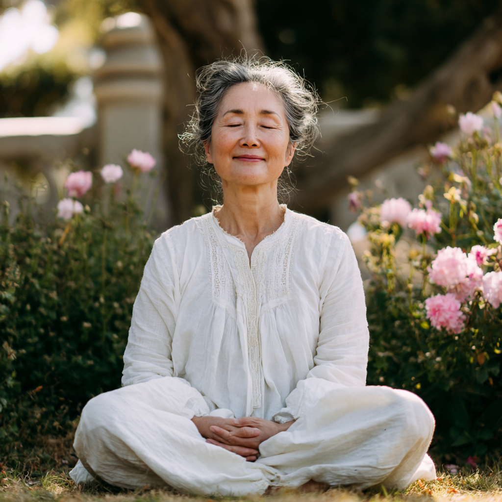 Young smiling Kazakh man in yoga attire doing a stretching pose on a yoga mat in a bright studio with plants