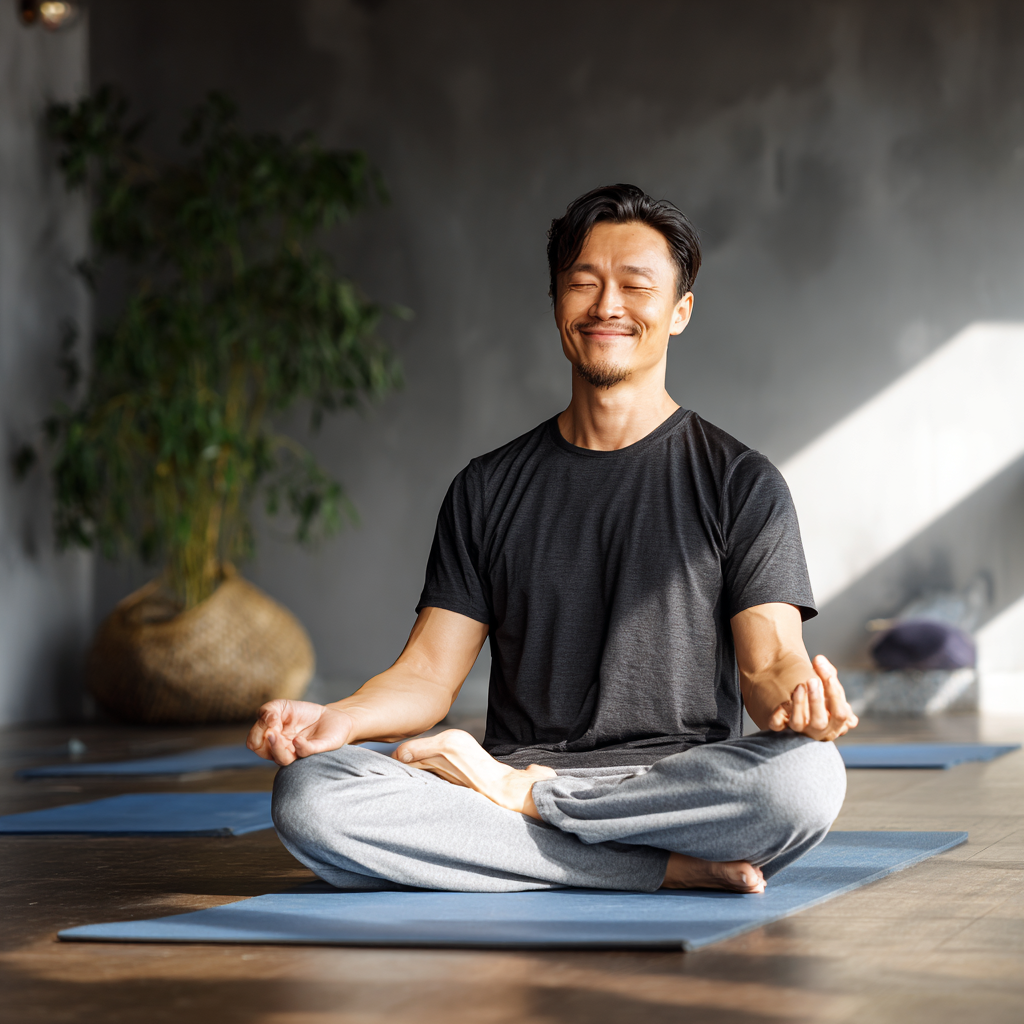 Elderly smiling Kazakh woman in white yoga attire meditating peacefully in a serene garden setting with soft natural lighting